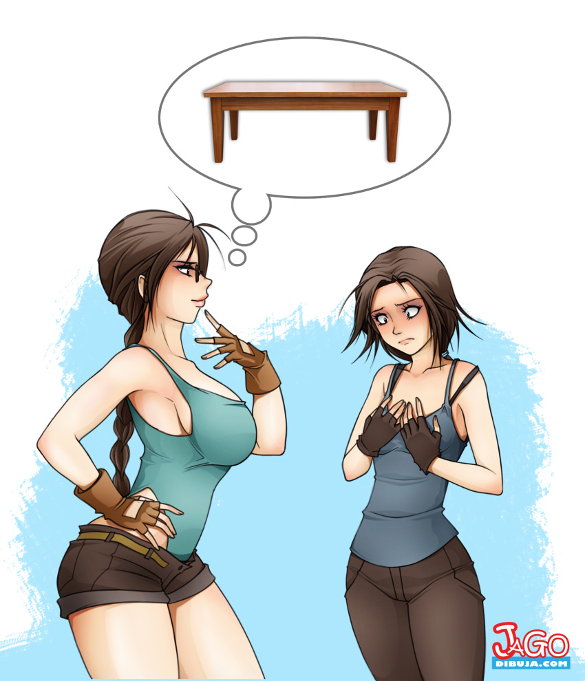 2girls, armpits, bare_shoulders, belt, blue_background, bra_strap, braid, breast_conscious
