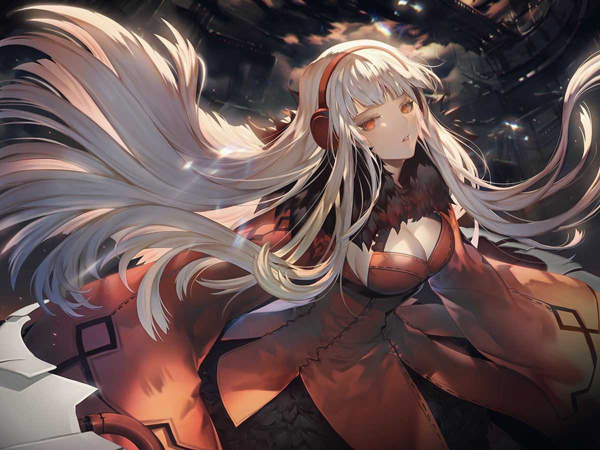 1girl, bangs, black_skirt, breasts, bridge, building, city, cleavage