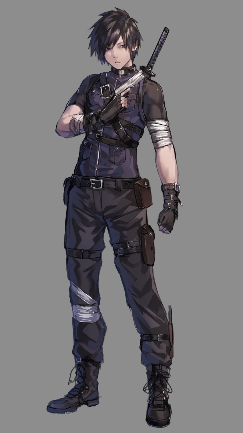 1boy, absurdres, belt, black_hair, deluxe<<<, fingerless_gloves, full_body, gloves, grey_background, gun, handgun, highres, holding, holding_gun, holding_weapon, katana, male_focus, original, pistol, pouch, solo, sword, trigger_discipline, weapon, weapon_on_back