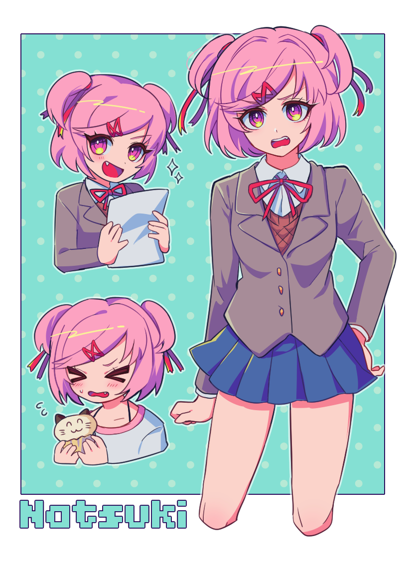 >_<, 1girl, :d, blue_skirt, border, character_name, cropped_legs, cupcake