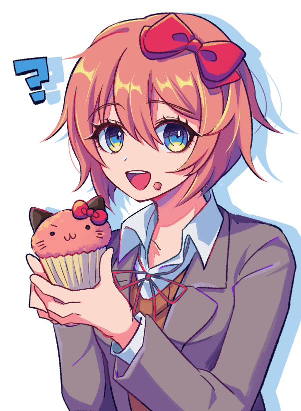 1girl, :3, :d, ?, blue_eyes, bow, brown_hair, cupcake, doki_doki_literature_club, eyebrows_visible_through_hair, eyes_visible_through_hair, food, food_on_face, hair_between_eyes, hair_bow, holding, looking_at_viewer, open_mouth, red_bow, sasakama_(sasagaki01), sayori_(doki_doki_literature_club), school_uniform, simple_background, smile, solo, upper_body, white_background