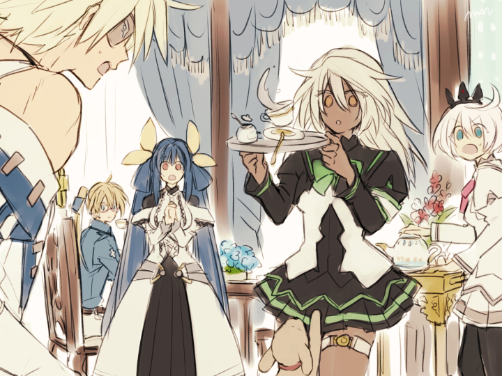 blonde_hair, blue_eyes, blue_hair, blush, commentary_request, dark_skin, dizzy, dog, elphelt_valentine, eyepatch, father_and_son, glasses, guilty_gear, jewelry, ky_kiske, long_hair, maka_(morphine), mother_and_son, necklace, orange_eyes, ponytail, ramlethal_valentine, school_uniform, short_hair, siblings, sin_kiske, sisters, spoilers, tea, tray, white_hair