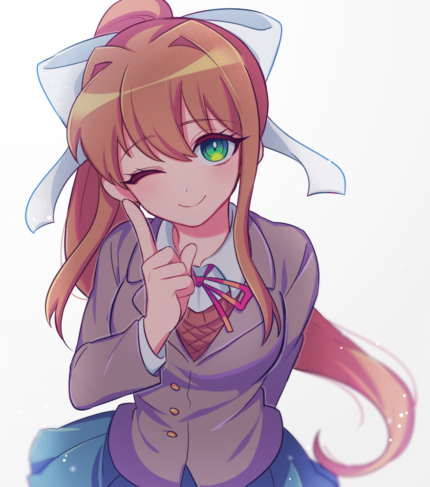 1girl, ;), arm_behind_back, blue_skirt, brown_hair, doki_doki_literature_club, eyebrows_visible_through_hair, green_eyes