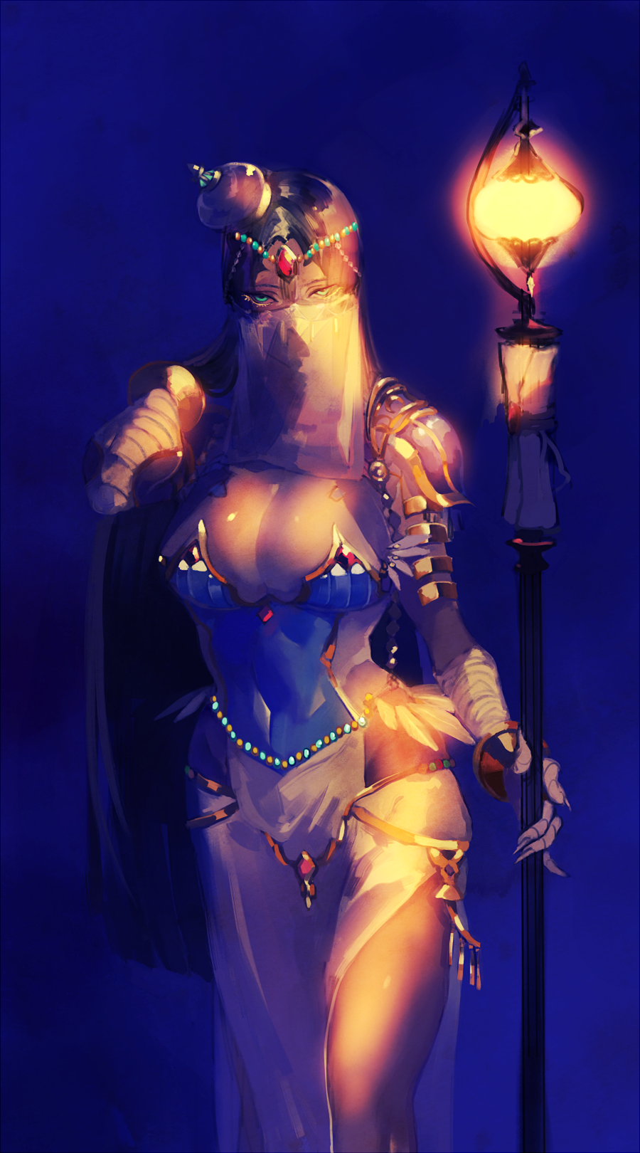 1girl, bandage, bandaged_arm, black_hair, blue_background, breasts, circlet, commentary_request