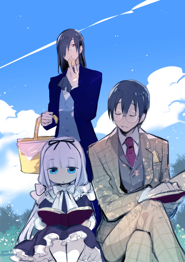 1girl, 2boys, alternate_costume, blue_eyes, blue_sky, book, bow, closed_eyes