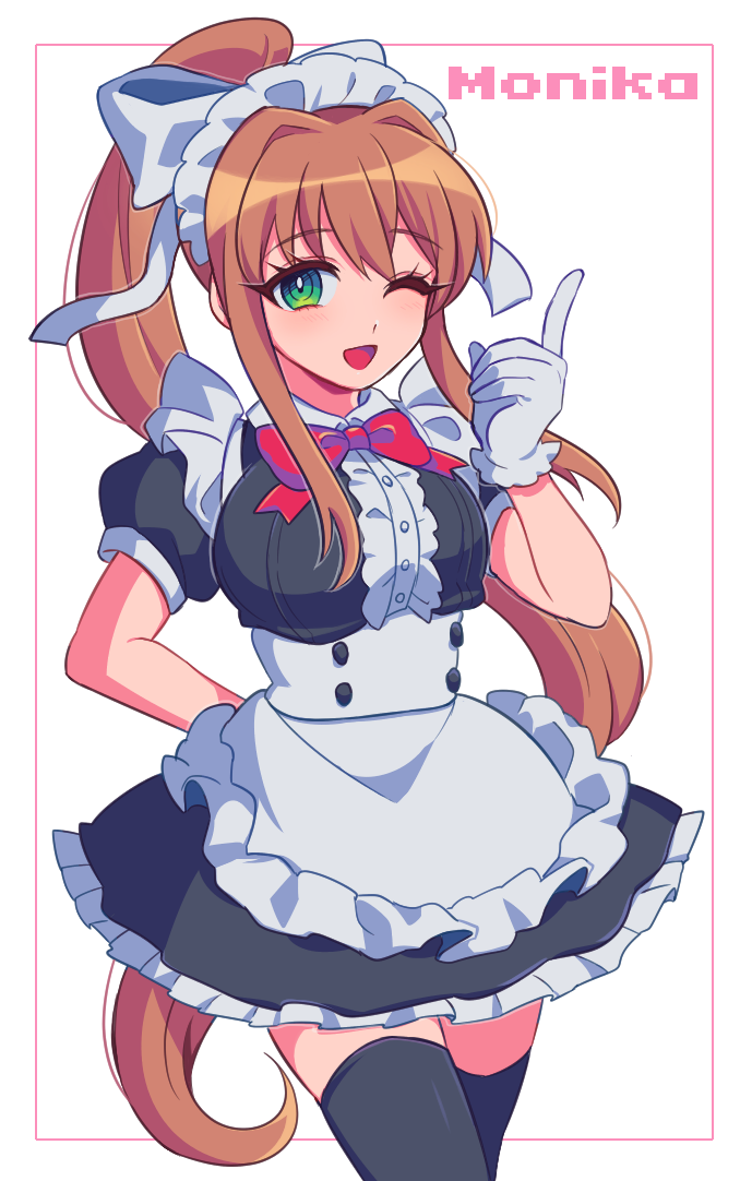 1girl, ;d, alternate_costume, black_legwear, border, bow, bowtie, brown_hair