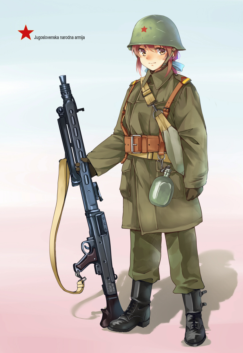 1girl, absurdres, bag, belt, blue_ribbon, boots, brown_eyes, brown_hair, canteen, carrying_bag, coat, croatian_text, epaulettes, full_body, general_purpose_machine_gun, gradient, gradient_background, gun, hair_ribbon, helmet, highres, holding, holding_gun, holding_weapon, longmei_er_de_tuzi, looking_to_the_side, machine_gun, military, military_uniform, original, pants, red_star, ribbon, serbo-croatian, shadow, short_hair, sidelocks, simple_background, solo, uniform, weapon, yugoslavia
