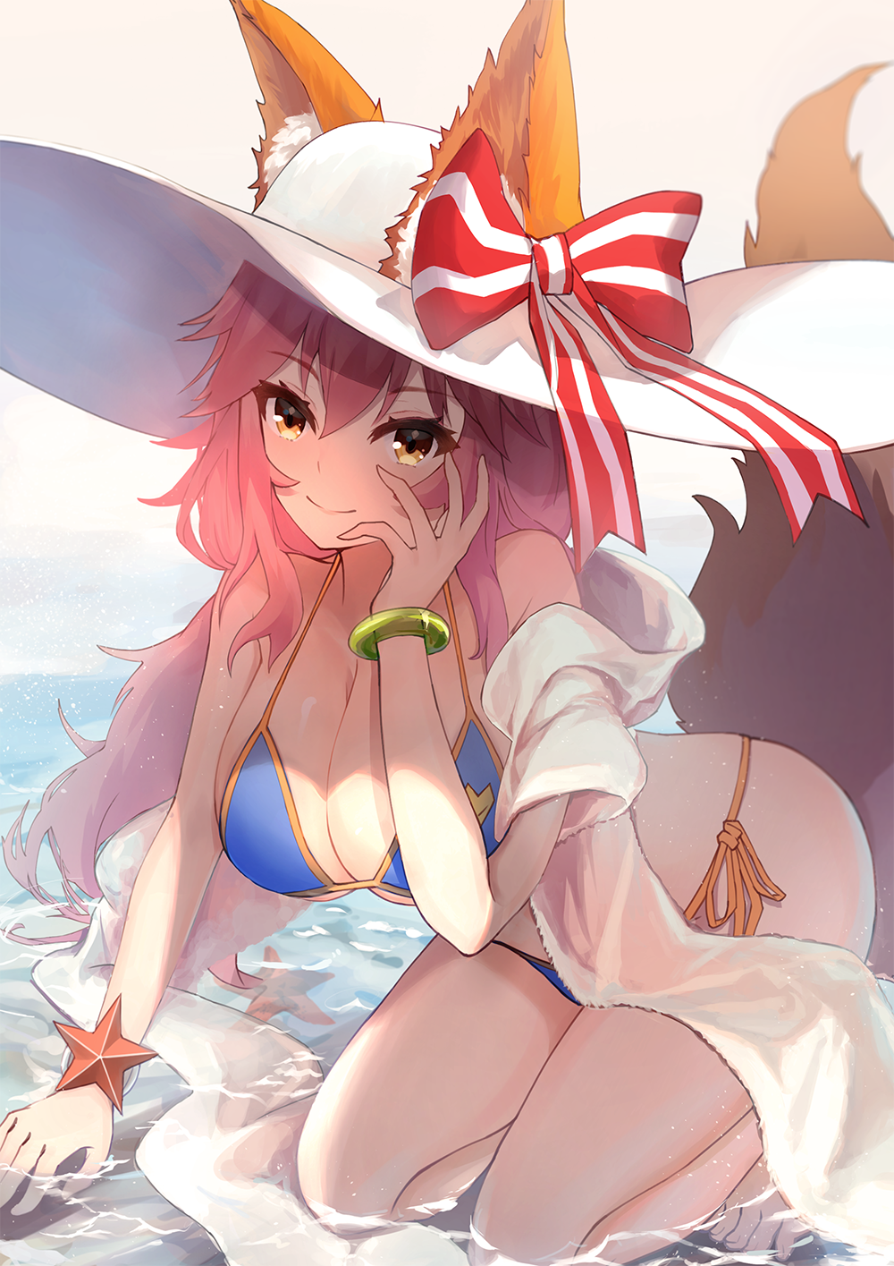 1girl, animal_ears, bikini, blue_bikini, breasts, cleavage, ears_through_headwear, fate/grand_order
