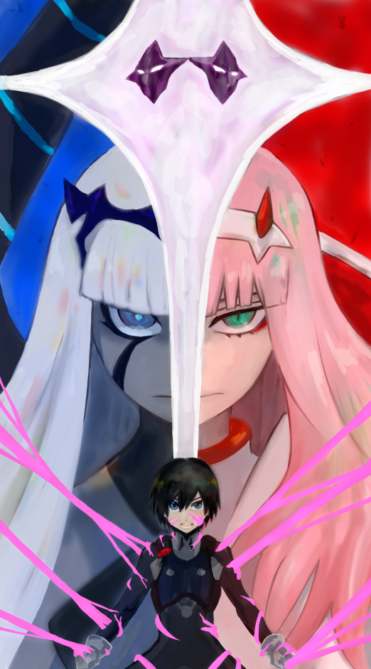 001_(darling_in_the_franxx), 2boys, 2girls, bangs, black_bodysuit, black_hair, blue_eyes, blue_skin