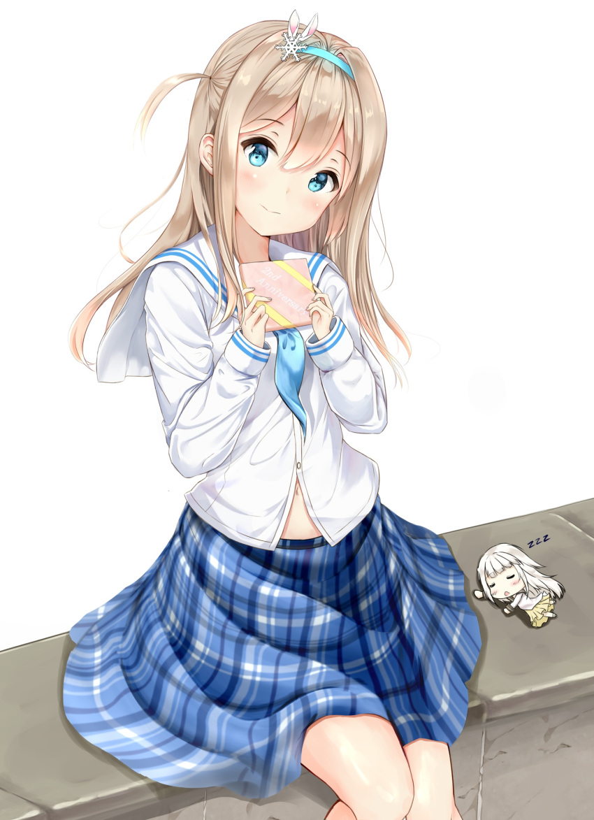 1girl, alternate_costume, bangs, blonde_hair, blue_eyes, blue_skirt, blush, breasts, closed_mouth, emimeku, eyebrows_visible_through_hair, fairy_(girls_frontline), gift, girls_frontline, hair_between_eyes, hair_ornament, hairband, head_tilt, highres, holding, holding_gift, long_hair, long_sleeves, looking_at_viewer, medium_breasts, midriff_peek, navel, plaid, plaid_skirt, sailor_collar, shirt, sidelocks, sitting, skirt, smile, snowflake_hair_ornament, solo, suomi_kp31_(girls_frontline), white_shirt