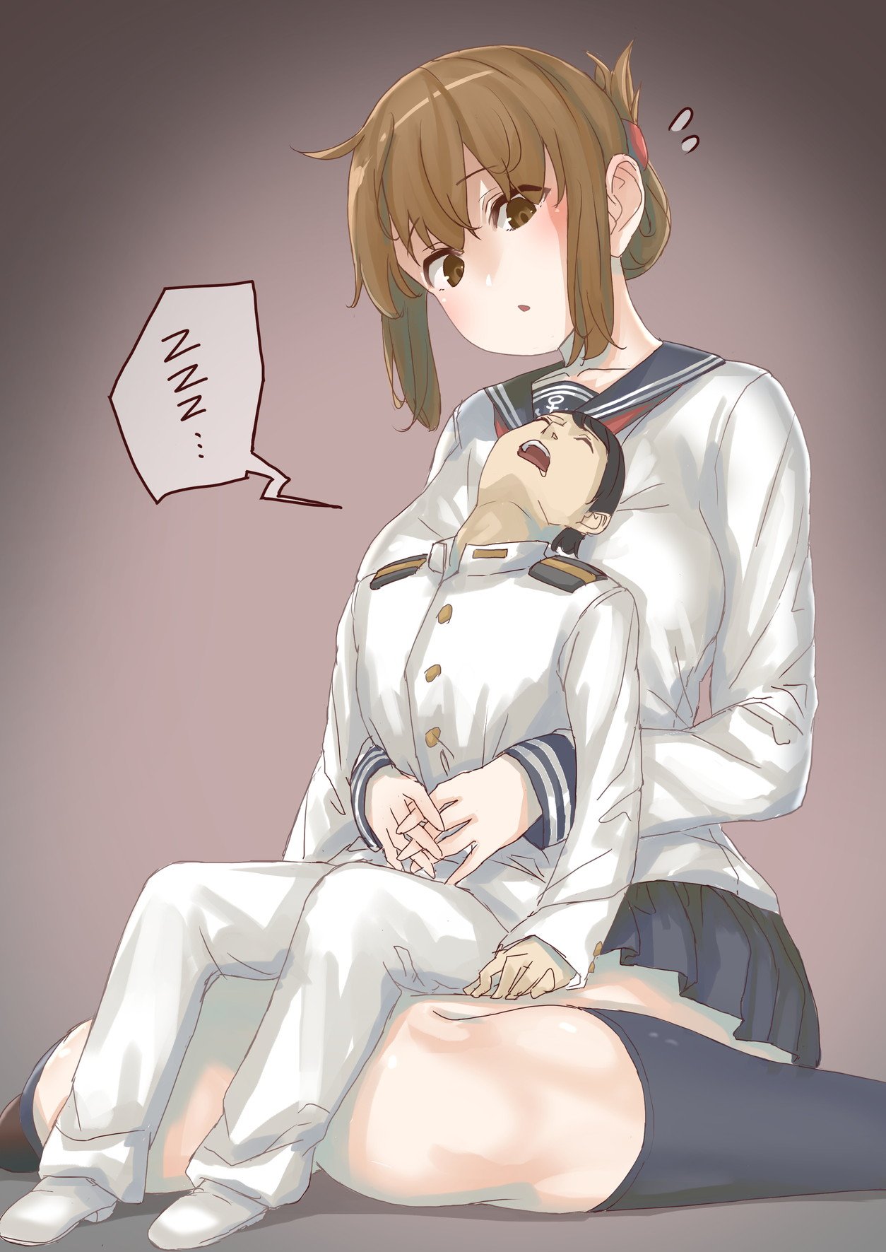 1boy, 1girl, admiral_(kantai_collection), alternate_breast_size, black_legwear, blush, breasts, brown_eyes