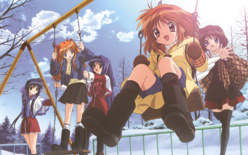 blue_eyes, blue_hair, boots, bow, brown_hair, coat, green_eyes, hairband, headband, highres, kanon, kawasumi_mai, long_hair, minase_nayuki, misaka_shiori, mittens, multiple_girls, orange_hair, red_eyes, ribbon, ribbons, sawatari_makoto, school_uniform, short_hair, shorts, sitting, skirt, sky, snow, standing, swing, swingset, thigh-highs, thighhighs, tsukimiya_ayu, very_long_hair, winter