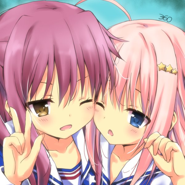 2girls, ahoge, azur_lane, bangs, blue_eyes, blush, collarbone, commentary_request