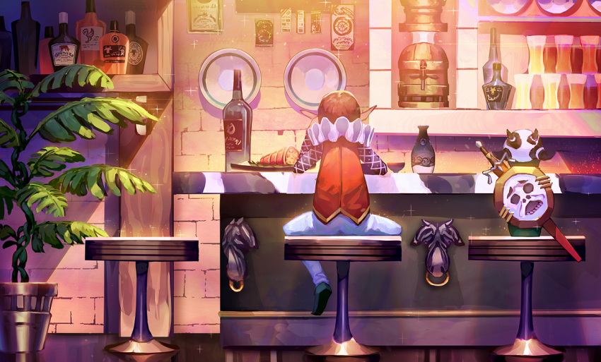 1boy, arm_rest, arm_support, back, bar, bar_stool, bottle, brown_hair