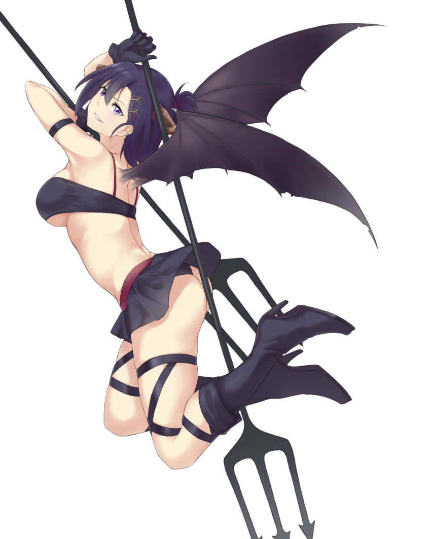 1girl, ass, bare_shoulders, black_crop_top, black_footwear, black_gloves, black_panties, black_skirt