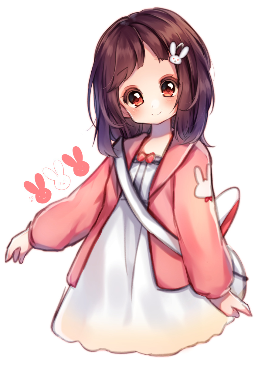 1girl, absurdres, bag, brown_eyes, brown_hair, cardigan, child, dress