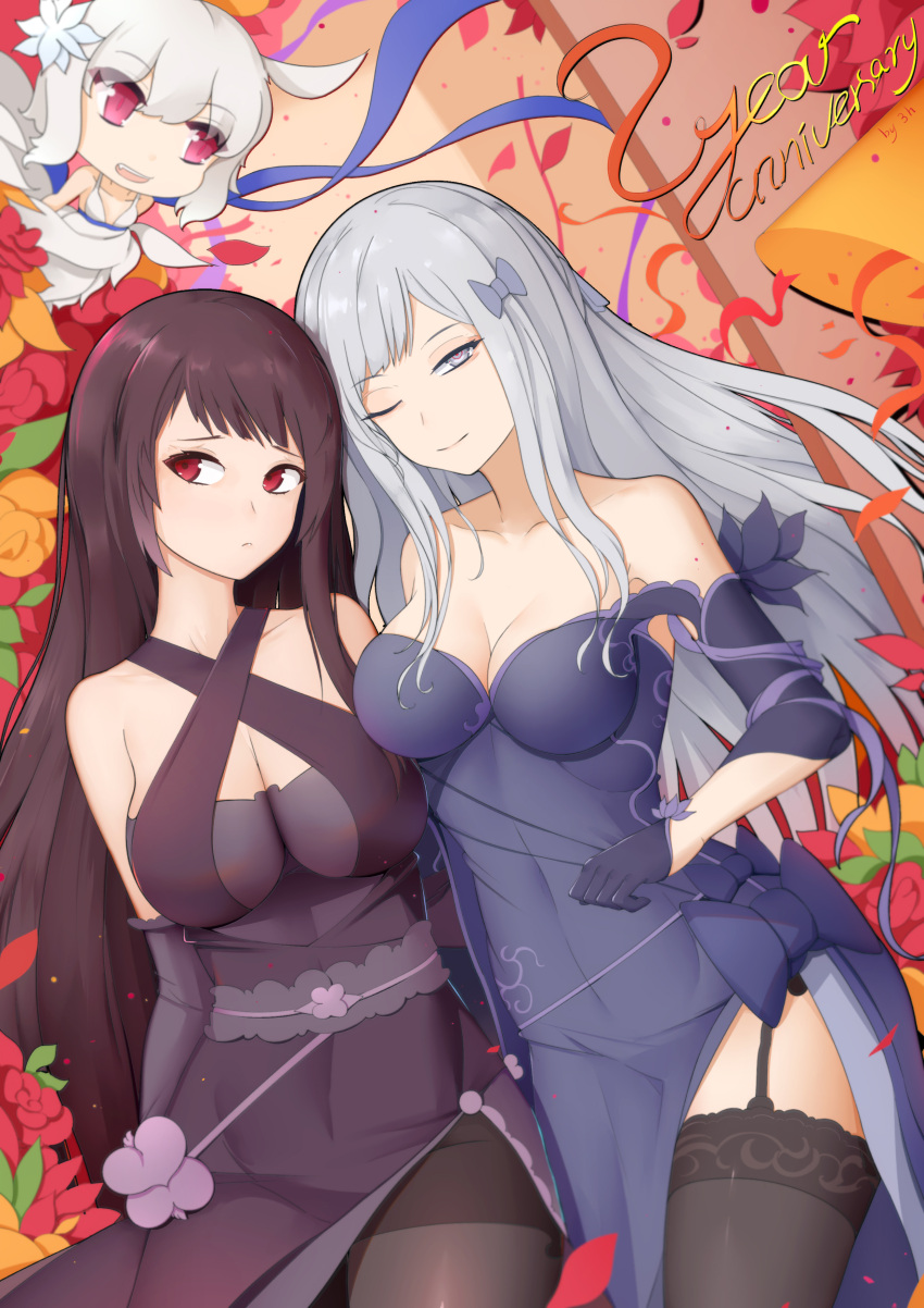 2girls, absurdres, ak-12_(girls_frontline), alternate_costume, alternate_hairstyle, bangs, bare_shoulders, black_legwear, blue_dress, blush, bow, braid, breasts, cleavage, closed_mouth, collarbone, dress, elbow_gloves, eyebrows_visible_through_hair, fairy_(girls_frontline), flower, french_braid, frown, garter_straps, girls_frontline, gloves, hair_bow, half-closed_eye, hd-hlh-3h, head_tilt, highres, large_breasts, long_hair, looking_at_viewer, looking_away, medium_breasts, multiple_girls, no_bra, one_eye_closed, pantyhose, petals, purple_dress, purple_hair, red_eyes, sidelocks, silver_hair, smile, strapless, strapless_dress, thigh-highs, very_long_hair, violet_eyes, wa2000_(girls_frontline)