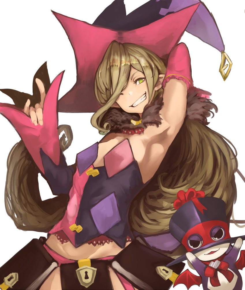 1girl, ;), \m/, arm_behind_head, arm_up, armpits, bienfu_(tales), book, creature, detached_sleeves, fingernails, fur_collar, green_eyes, grin, hat, keyhole, light_brown_hair, lock, long_hair, long_sleeves, magilou_(tales), one_eye_closed, pointy_ears, simple_background, sleeves_past_wrists, smile, tales_of_(series), tales_of_berseria, teeth, ton_(artist), very_long_hair, white_background, witch_hat