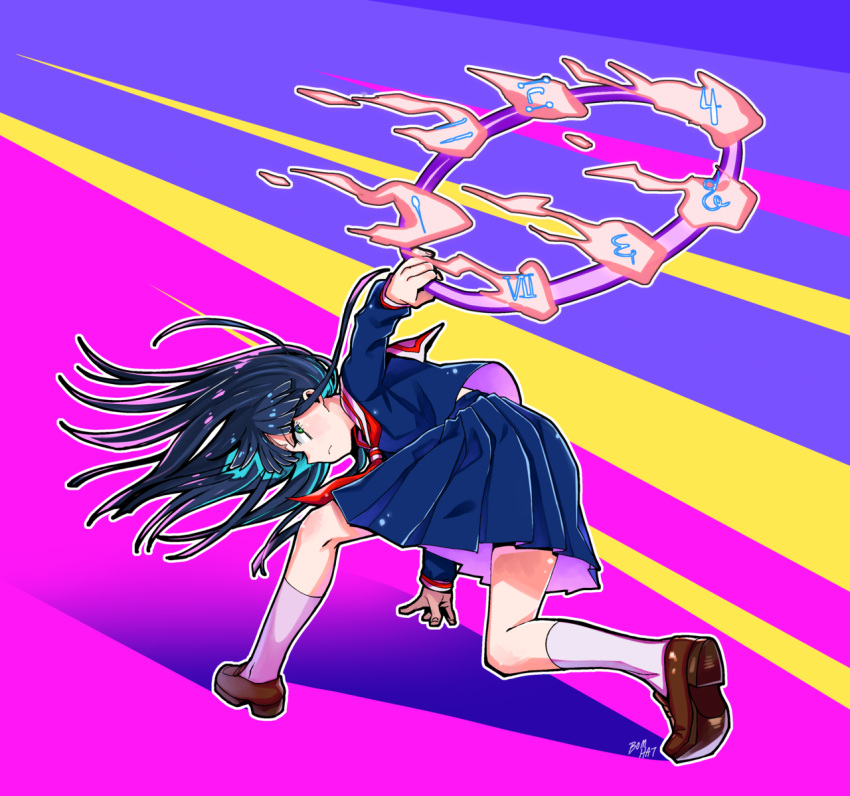 1girl, artist_name, black_hair, black_skirt, bomhat, brown_footwear, closed_mouth, green_eyes