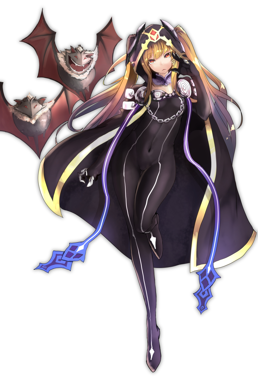 1girl, bangs, bat, black_bodysuit, black_cape, blonde_hair, bodysuit, cape