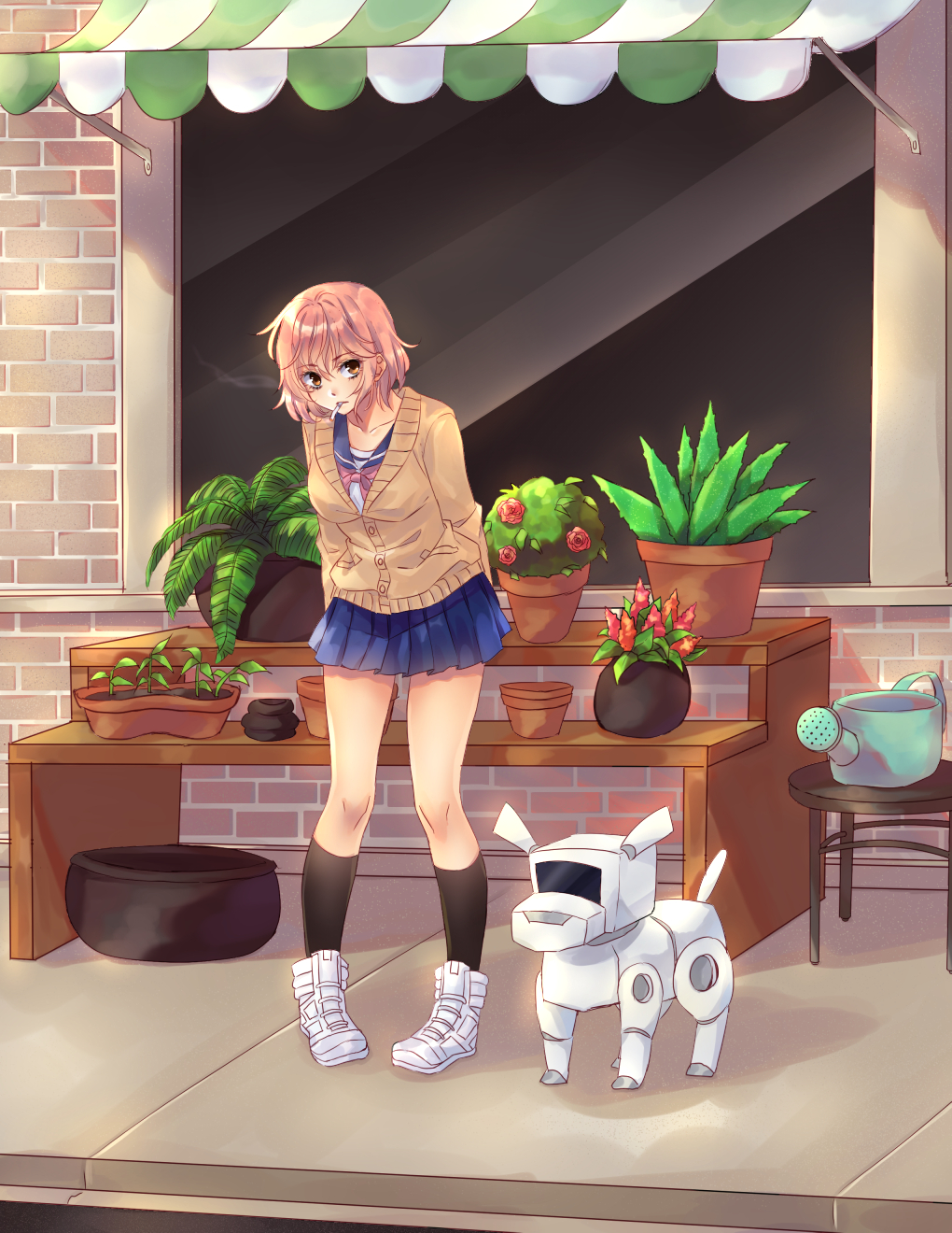 1girl, arms_behind_back, awning, bangs, black_legwear, blue_skirt, breasts, brick_wall, cactus, cigarette, collarbone, day, dog, eyebrows_visible_through_hair, fern, flower, hair_between_eyes, highres, ika_(ika-hime), kneehighs, leaning_forward, looking_at_viewer, medium_breasts, miniskirt, mouth_hold, neckerchief, original, outdoors, pigeon-toed, pink_hair, pink_neckwear, plant, pleated_skirt, potted_plant, red_flower, red_rose, robot, rose, sailor_collar, school_uniform, serafuku, shelf, shoes, short_hair, sidewalk, skirt, smoking, sneakers, solo, stool, storefront, watering_can, window, yellow_eyes