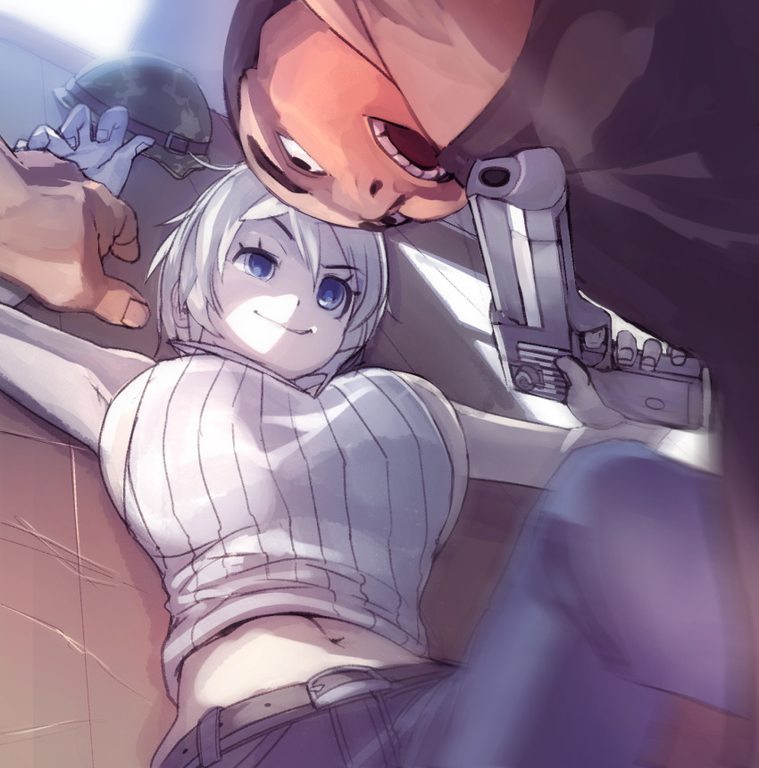 1boy, 1girl, blue_eyes, breasts, commentary_request, denim, dennou_shoujo_youtuber_shiro, desert_eagle, gengen_(gengen_channel), gengen_channel, gun, handgun, helmet, highres, jeans, kicking, kishibojin_pbw, large_breasts, pants, shiro_(dennou_shoujo_youtuber_shiro), shirt, short_hair, sleeveless, sleeveless_shirt, smirk, virtual_youtuber, wall_slam, weapon, white_hair, white_skin