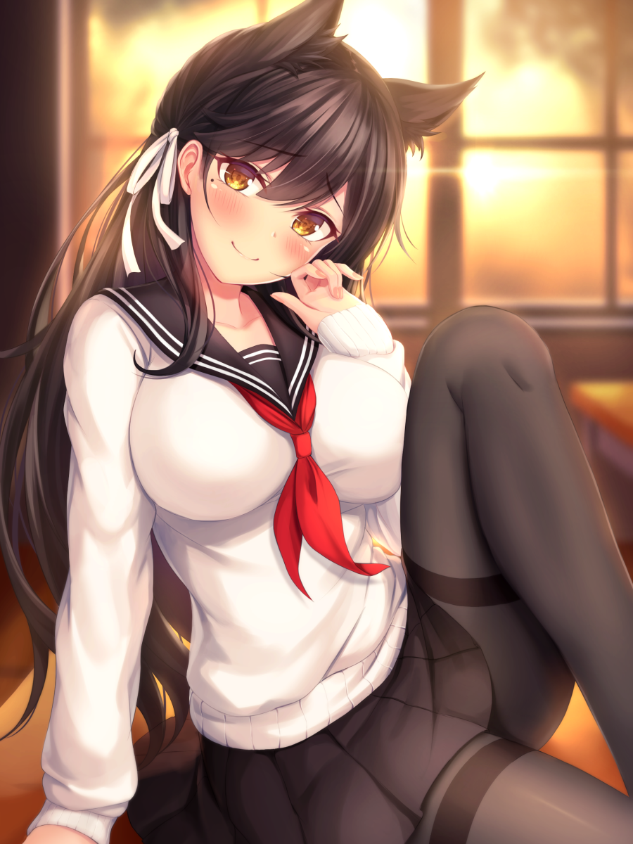 1girl, alternate_costume, animal_ears, atago_(azur_lane), azur_lane, bangs, black_hair, black_legwear
