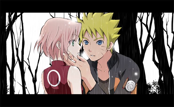 1boy, 1girl, blonde_hair, blue_eyes, collarbone, eye_contact, fishnets, forest
