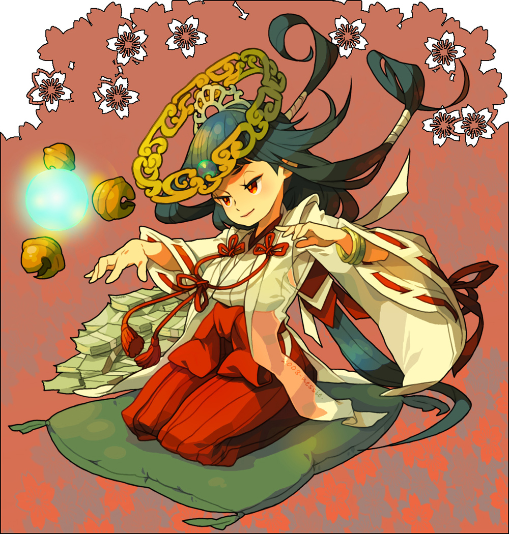 bell, black_hair, kneeling, nessie, ptc, red_eyes, traditional_clothes