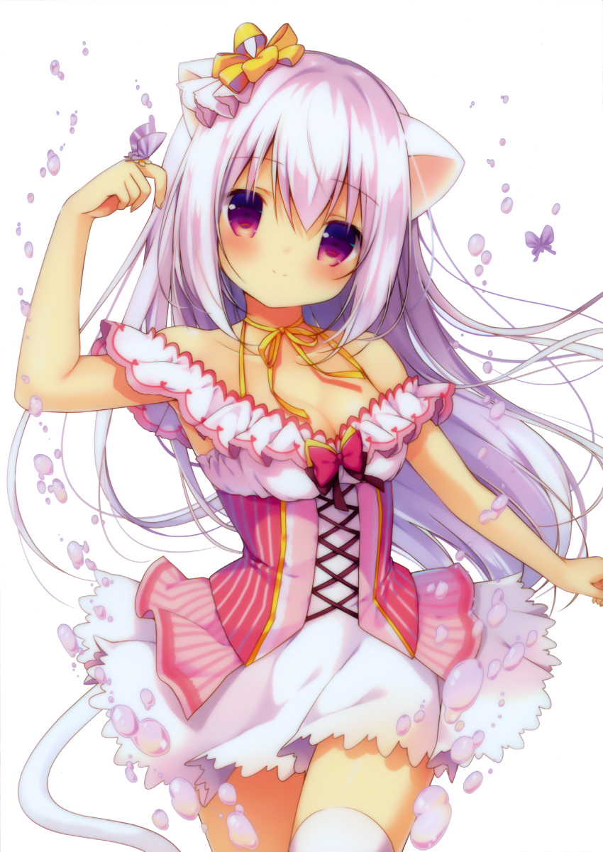 1girl, absurdres, animal_ears, blush, bow, breasts, butterfly_on_hand, cat_ears
