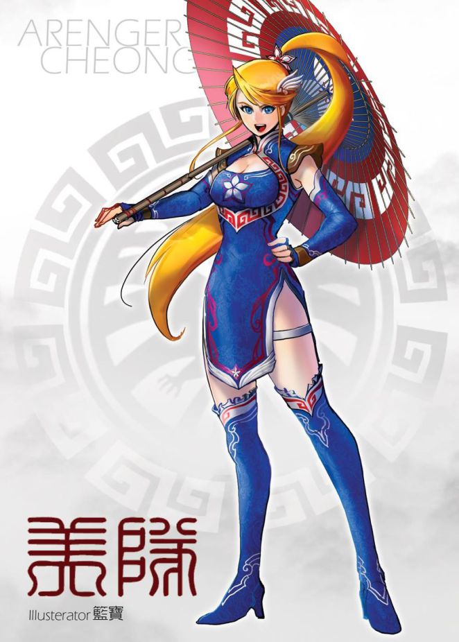 1girl, artist_request, avengers:_infinity_war, blonde_hair, blue_eyes, breasts, captain_america, china_dress