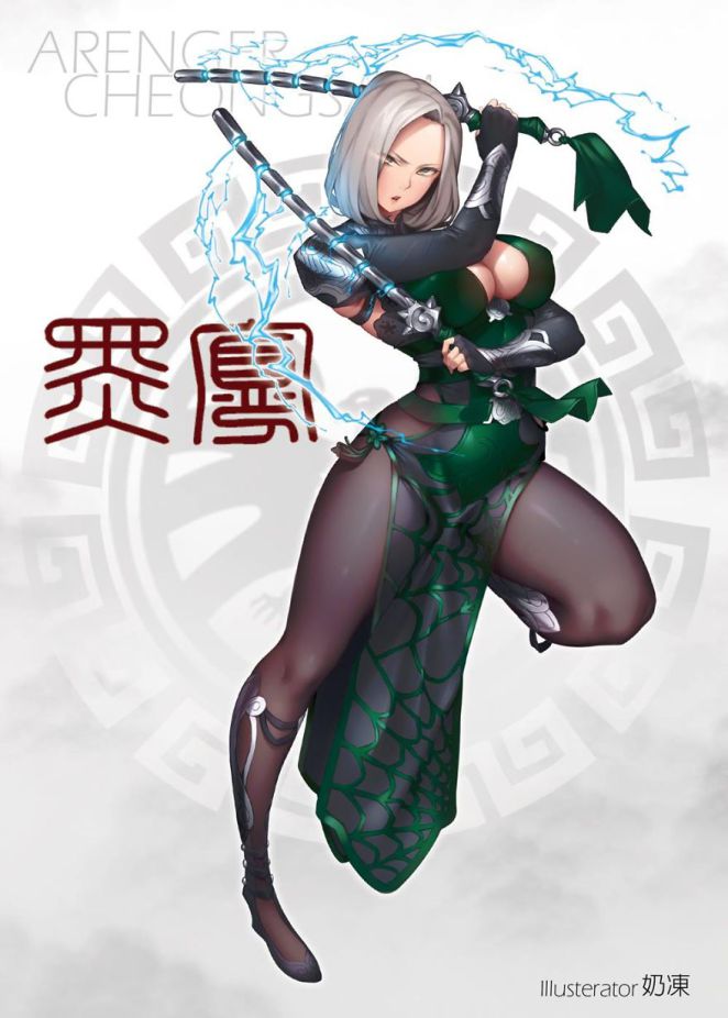 1girl, avengers:_infinity_war, baton, black_widow, breasts, china_dress, chinese_clothes, cleavage