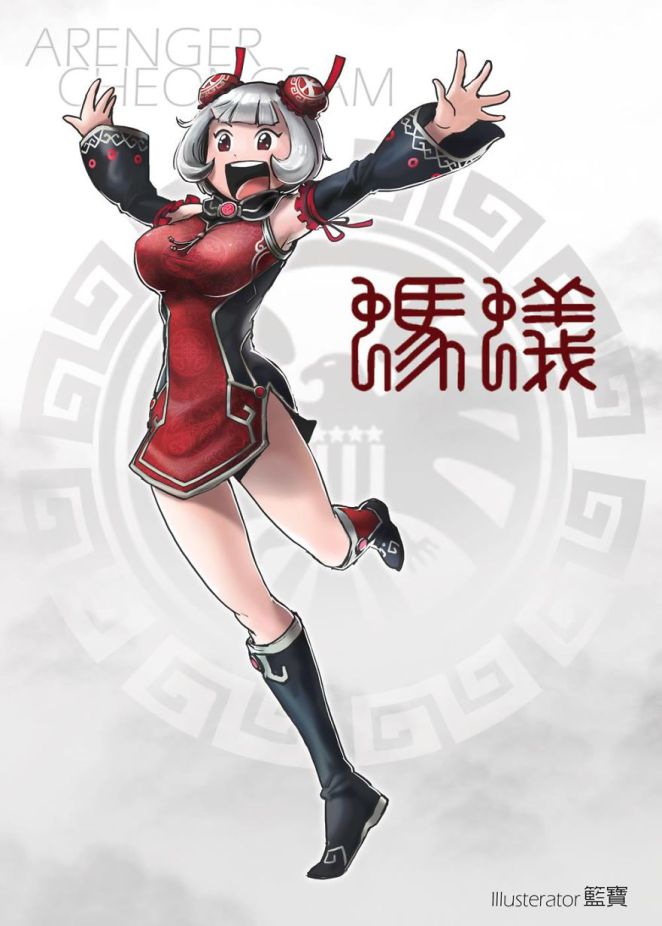 1girl, ant-man, ant-man_(movie), breasts, brown_eyes, china_dress, chinese_clothes, detached_sleeves, double_bun, dress, genderswap, genderswap_(mtf), grey_hair, large_breasts, marvel, solo
