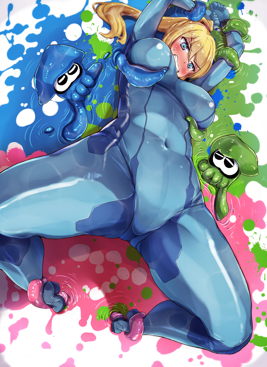 1girl, ass_visible_through_thighs, blonde_hair, blue_eyes, bodysuit, bound, bound_arms, bound_legs