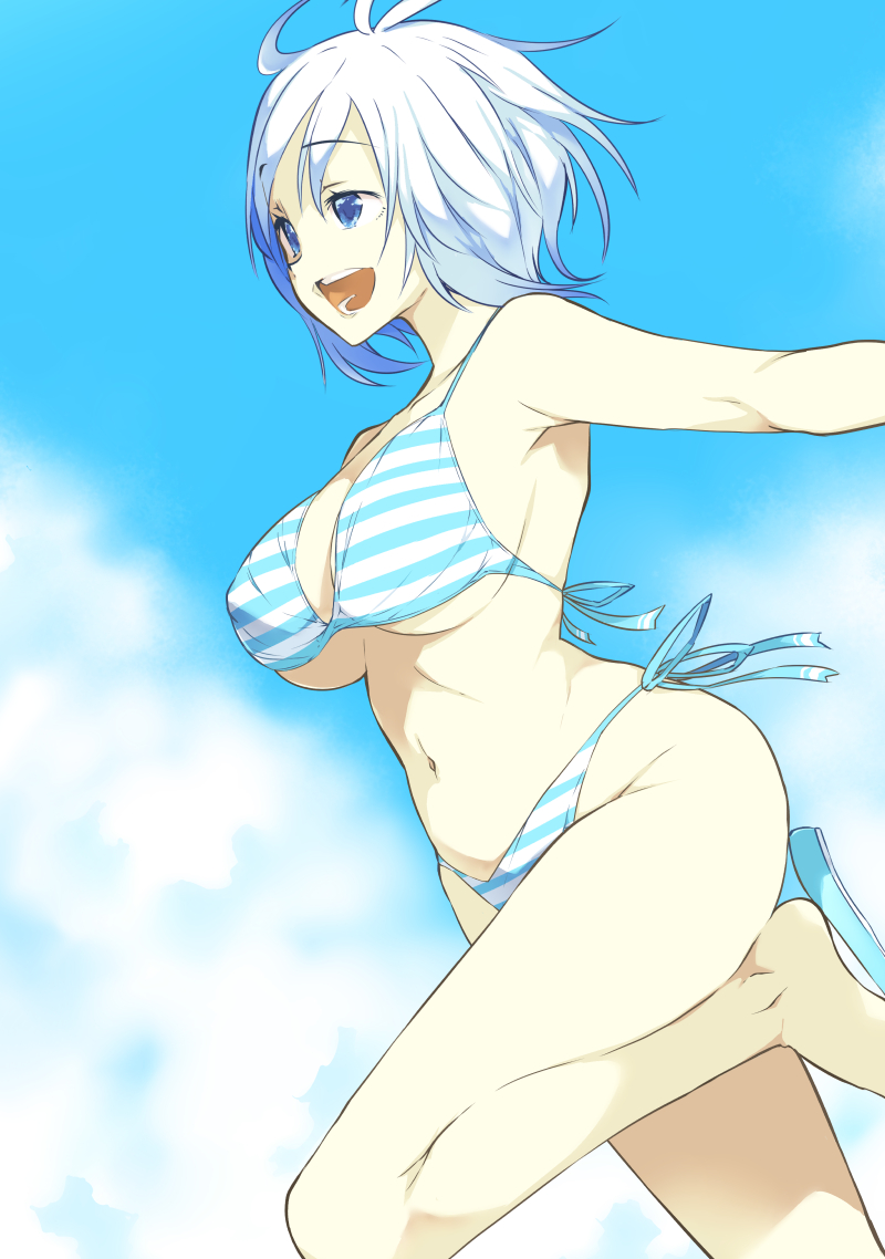 1girl, ahoge, bangs, bikini, blue_eyes, blue_sky, breasts, cleavage, day, dennou_shoujo_youtuber_shiro, eyebrows_visible_through_hair, hair_between_eyes, large_breasts, navel, nekoge, open_mouth, shiro_(dennou_shoujo_youtuber_shiro), short_hair, side-tie_bikini, silver_hair, sky, solo, striped, striped_bikini, striped_swimsuit, swimsuit, virtual_youtuber