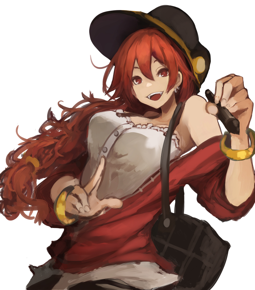 1girl, :d, bag, bangle, bangs, bare_shoulders, black_hat, bracelet