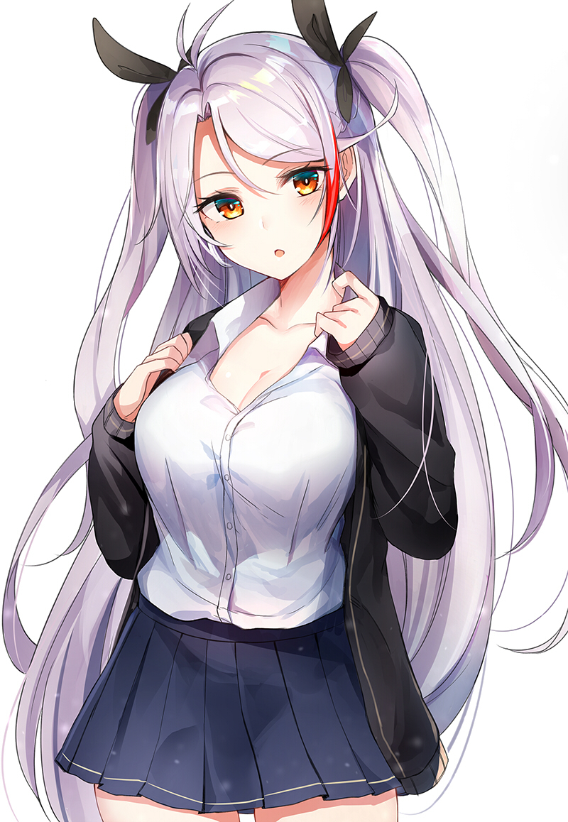 1girl, antenna_hair, azur_lane, bangs, black_jacket, black_ribbon, blue_skirt, breasts, cleavage, collarbone, commentary, dress_shirt, hair_between_eyes, hair_ribbon, jacket, large_breasts, long_hair, looking_at_viewer, luse_maonang, multicolored_hair, open_clothes, open_jacket, open_mouth, orange_eyes, pleated_skirt, prinz_eugen_(azur_lane), ribbon, shirt, silver_hair, simple_background, skirt, solo, streaked_hair, two_side_up, white_background