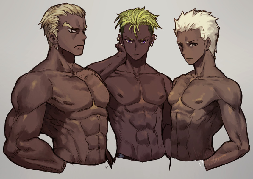 3boys, abs, archer, blonde_hair, closed_mouth, cropped_torso, crossover, dark_skin