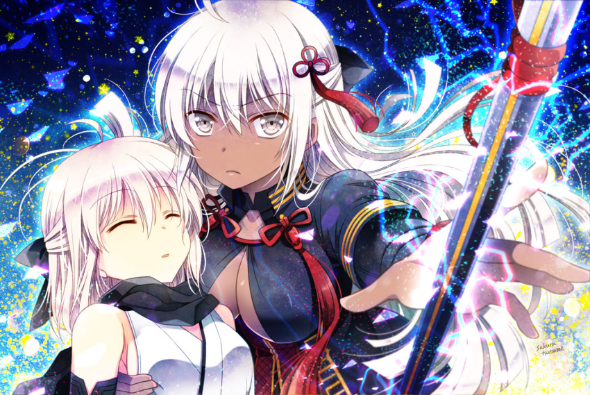 2girls, ahoge, arm_guards, black_bow, black_scarf, bow, breasts, cleavage