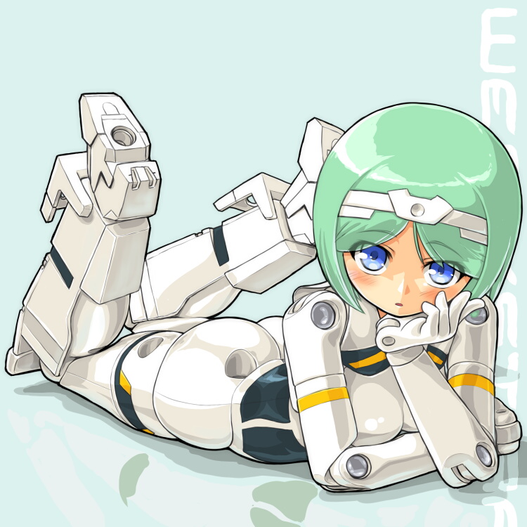 blush, busou_shinki, dd_(artist), doll_joints, green_hair, lying, short_hair, werkstra
