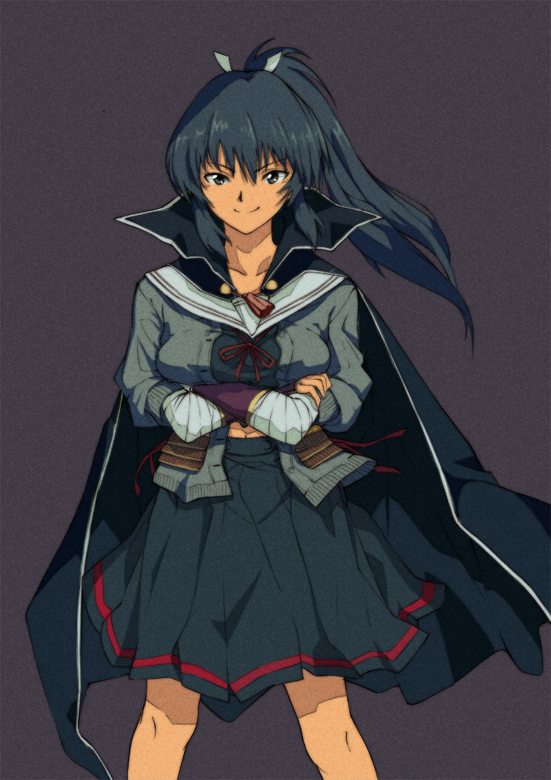 1girl, 90s, arm_wrap, black_cape, black_hair, black_skirt, breasts, cape