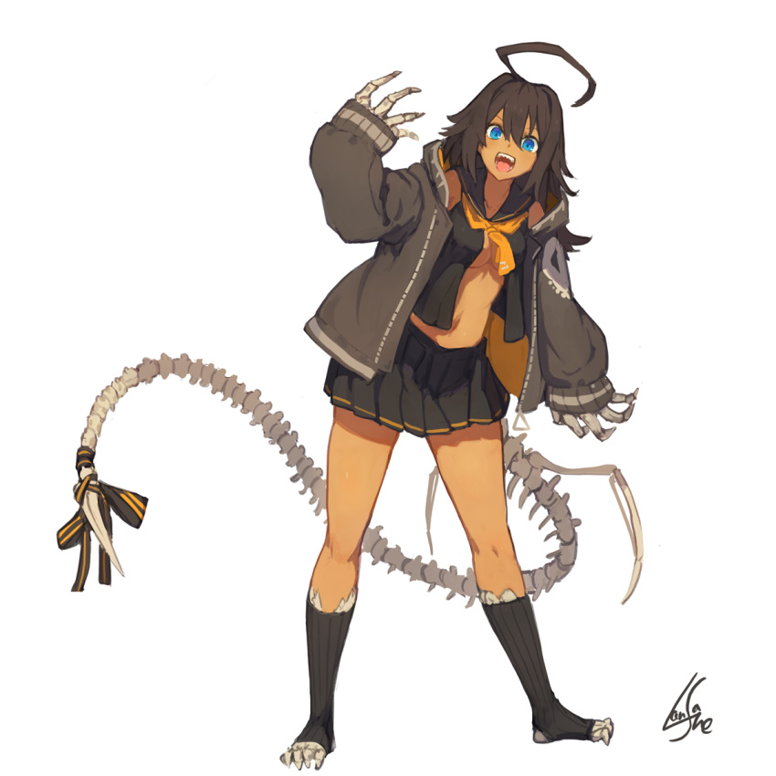 1girl, :d, ahoge, black_legwear, black_sailor_collar, black_shirt, blue_eyes, brown_hair