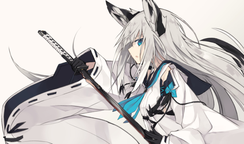 1girl, animal_ears, azur_lane, baggy_clothes, bangs, black_gloves, black_sailor_collar, black_tipped_ears, black_tipped_tail, blue_neckwear, blue_skirt, breasts, crossed_bangs, detached_sleeves, eyebrows, eyebrows_visible_through_hair, fox_ears, fox_tail, from_side, gloves, holding, holding_sword, holding_weapon, image_sample, katana, kawakaze_(azur_lane), long_hair, looking_at_viewer, nagishiro_mito, neckerchief, open_mouth, ribbon-trimmed_clothes, ribbon-trimmed_sleeves, ribbon_trim, sailor_collar, shirt, silver_hair, silver_tail, skirt, small_breasts, solo, sword, tail, tumblr_sample, weapon
