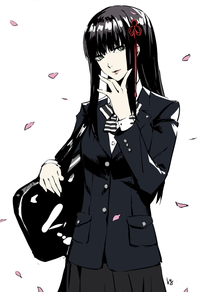 1girl, bag, bangs, black_jacket, black_skirt, brown_hair, closed_mouth, commentary_request