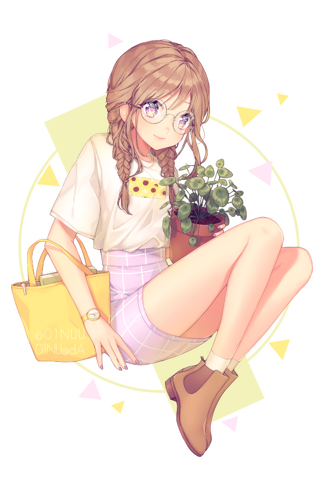 01nu, 1girl, bag, bangs, bare_legs, braid, brown_hair, floating, glasses, multicolored, multicolored_eyes, original, plant, sitting, twin_braids, violet_eyes, yellow_eyes