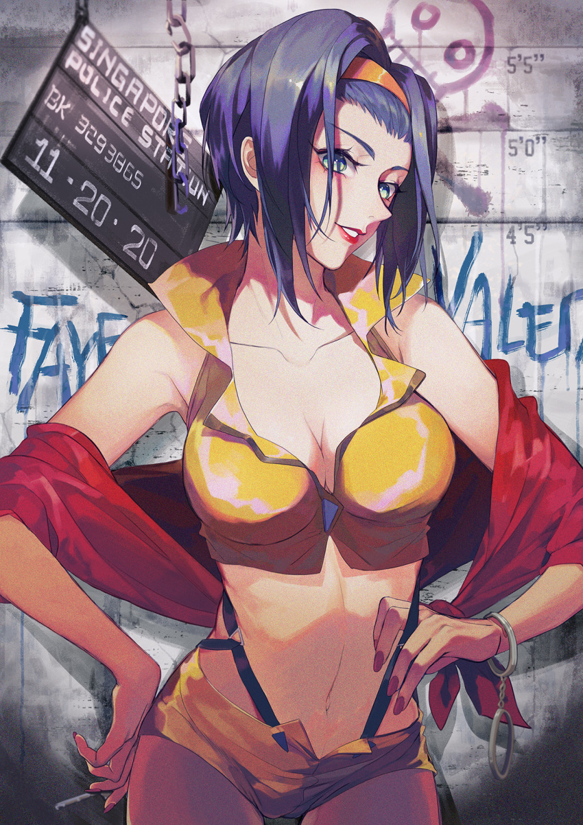 1girl, breasts, cleavage, cowboy_bebop, cuffs, faye_valentine, green_eyes, hairband, handcuffs, highres, keikoku_(kujira), midriff, navel, purple_hair, short_hair, short_shorts, shorts, solo, suspenders