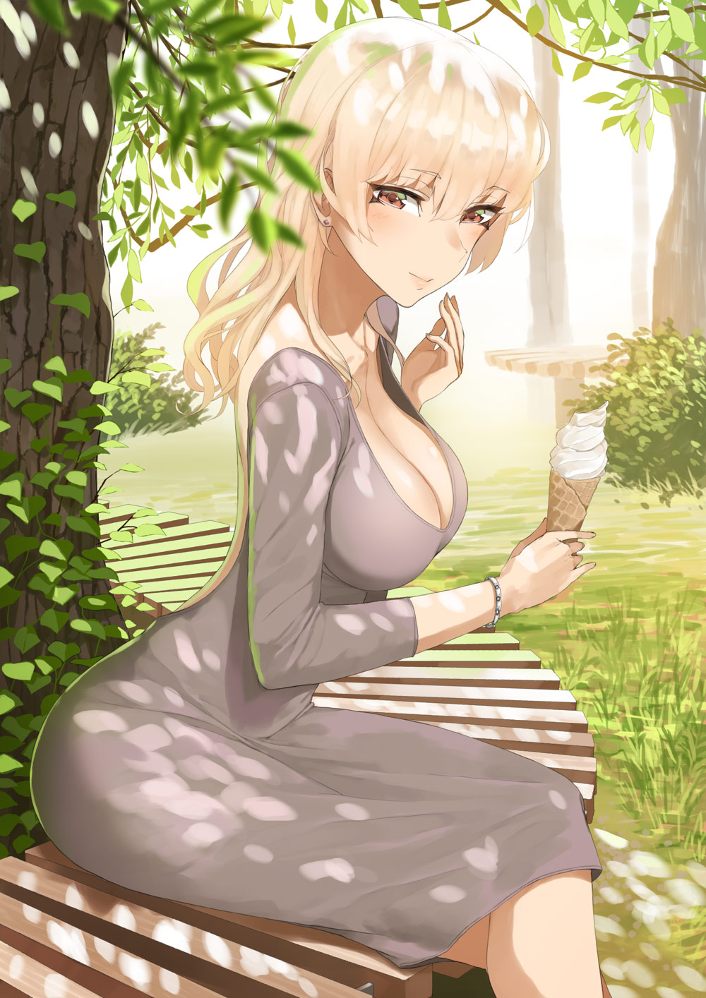 1girl, backless_outfit, bench, blonde_hair, breasts, brown_eyes, cleavage, closed_mouth