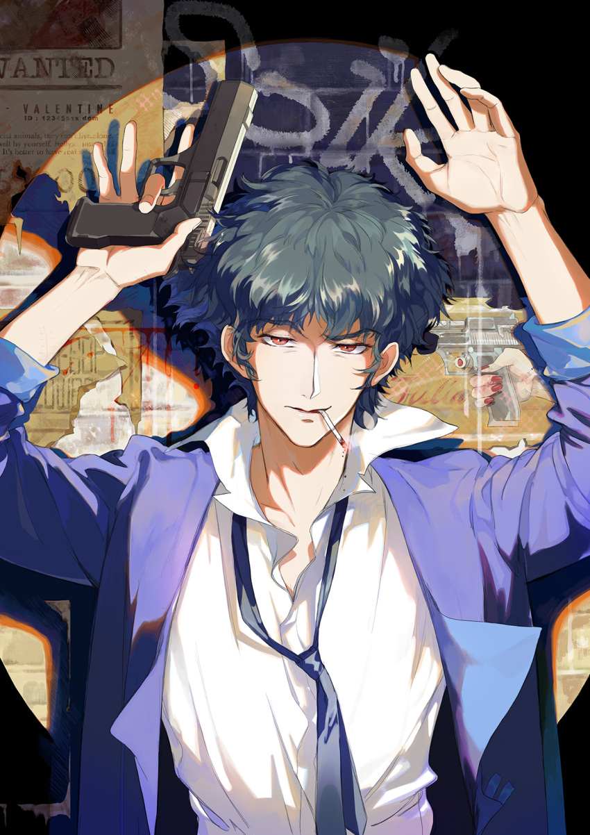 1boy, artificial_eye, brown_eyes, cigarette, cowboy_bebop, gun, handgun, hands_up