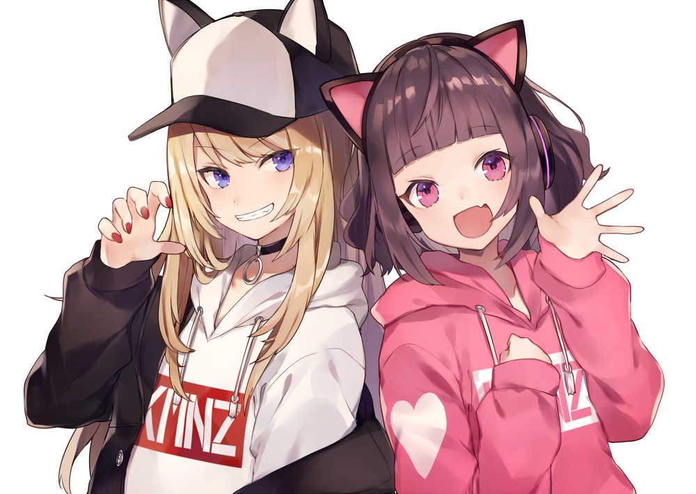 2girls, :d, animal_ears, baseball_cap, blonde_hair, blue_eyes, brown_hair, claw_pose