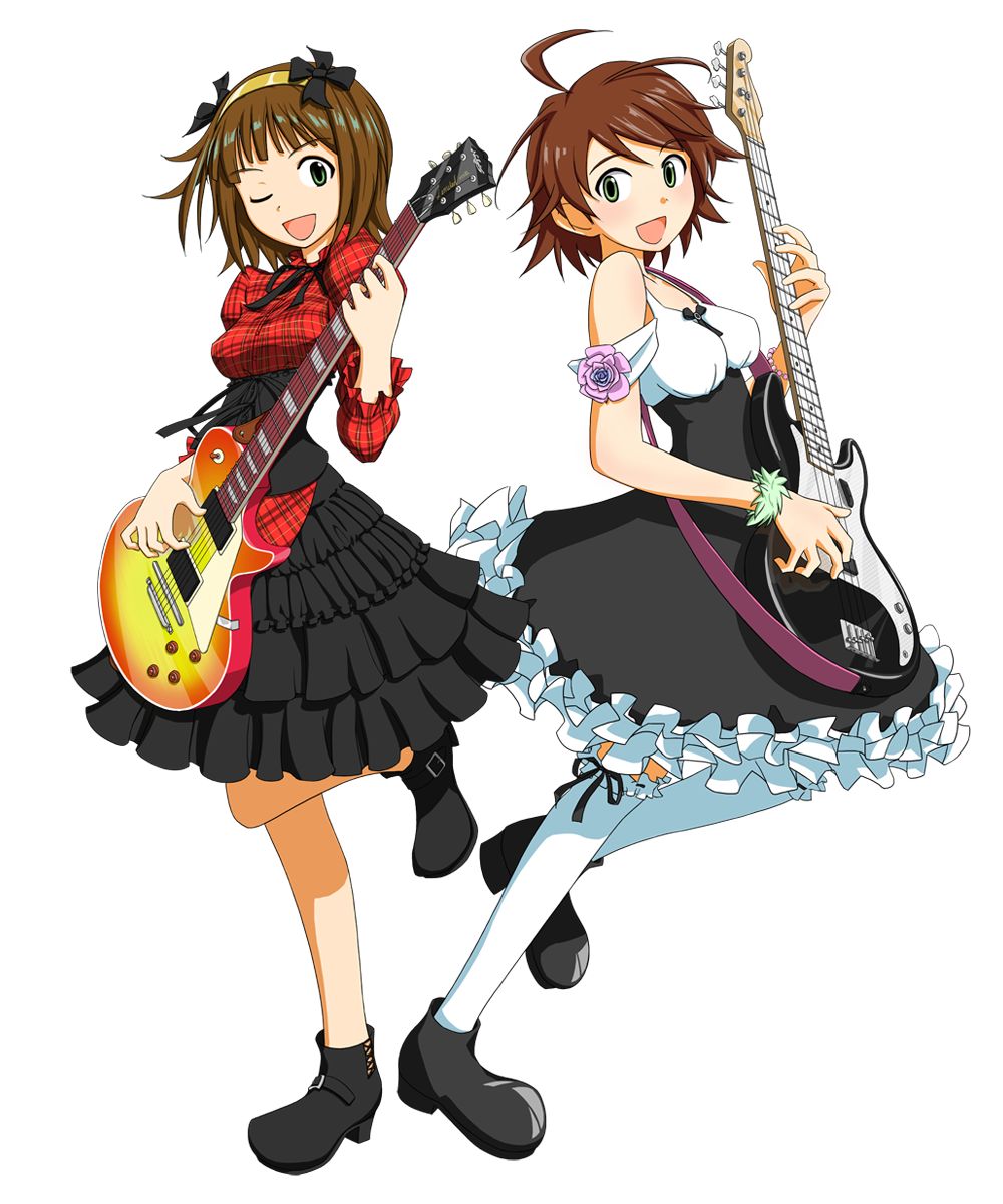 amami_haruka, awakened_miki, brown_hair, dress, gothic_lolita, guitar, hairband, highres